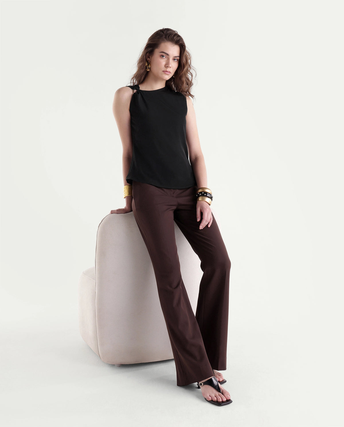 Rareism Women's Ping Black Polyester Crew Neck Regular Plain Top