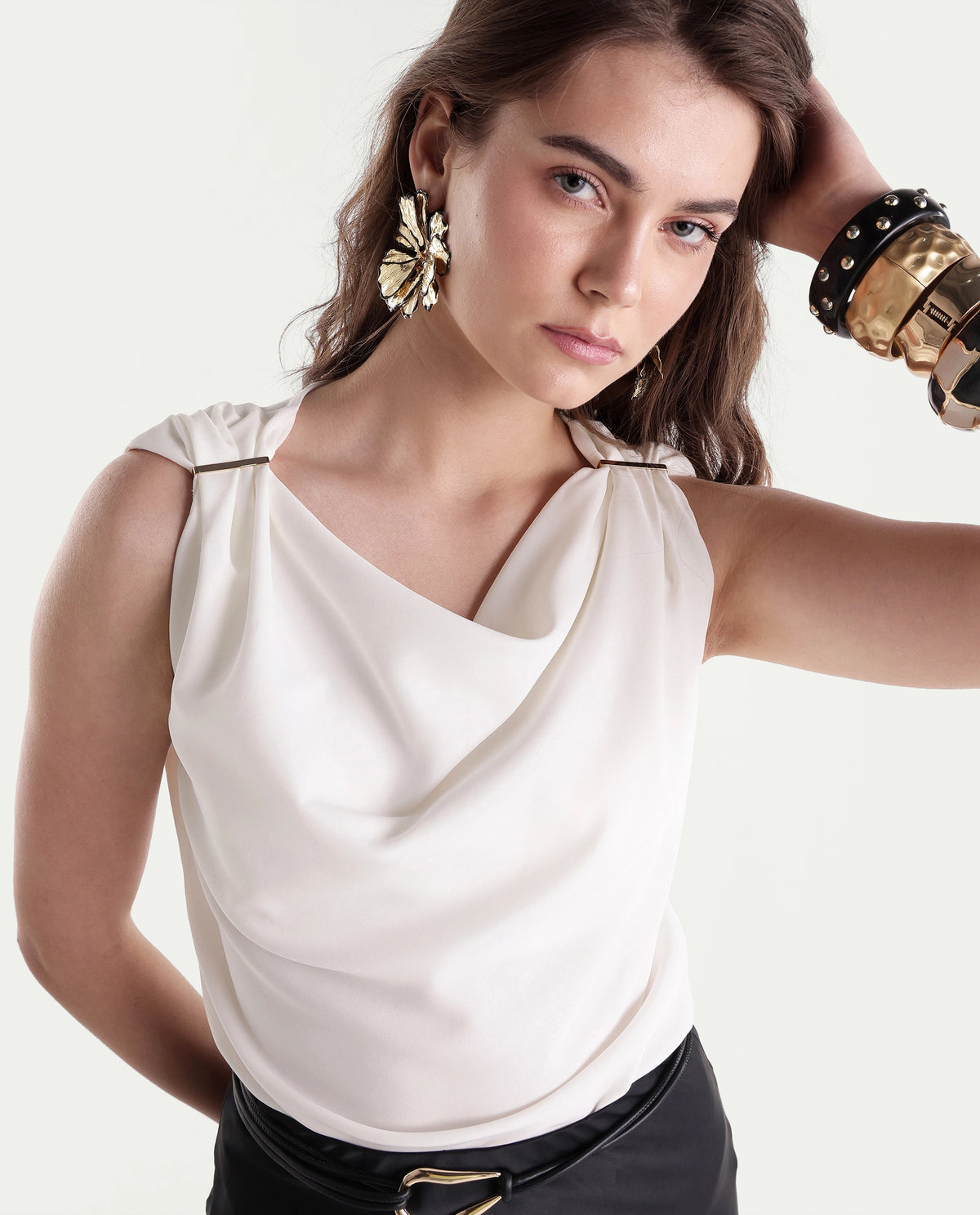 Rareism Women's Prety Off White Polyester Cowl Neck Regular Plain Top