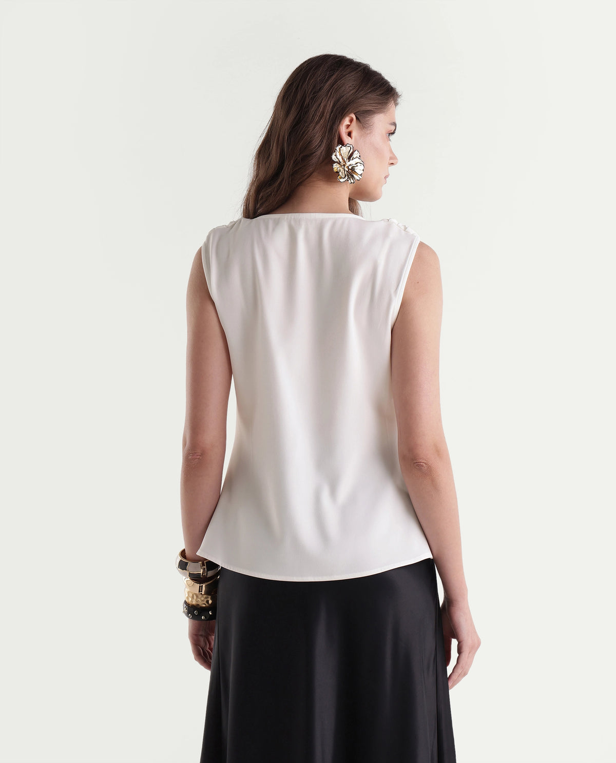 Rareism Women's Prety Off White Polyester Cowl Neck Regular Plain Top