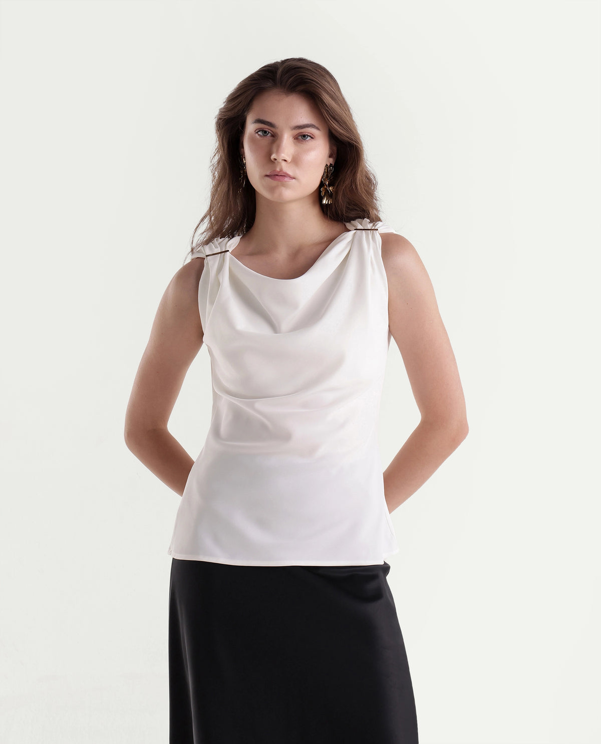 Rareism Women's Prety Off White Polyester Cowl Neck Regular Plain Top