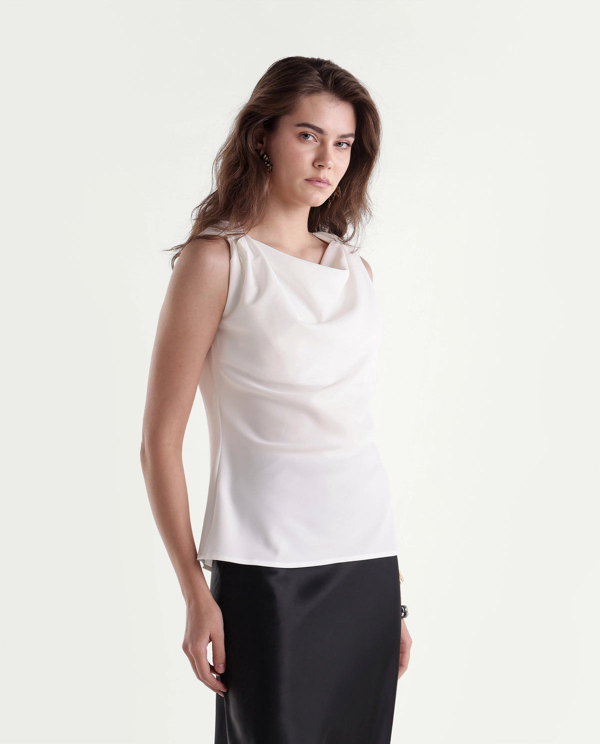 Rareism Women's Prety Off White Polyester Cowl Neck Regular Plain Top