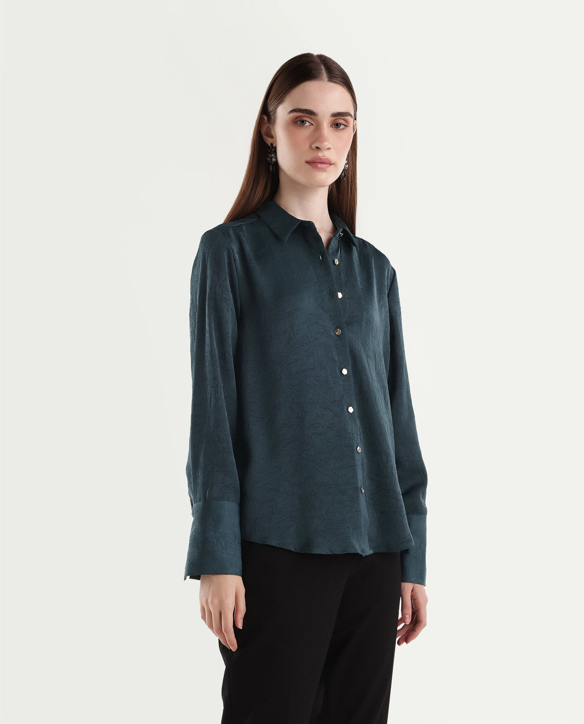 Rareism Women's Pasimo Dark Teal Polyester Spread Collar Regular Plain Shirt - image 4