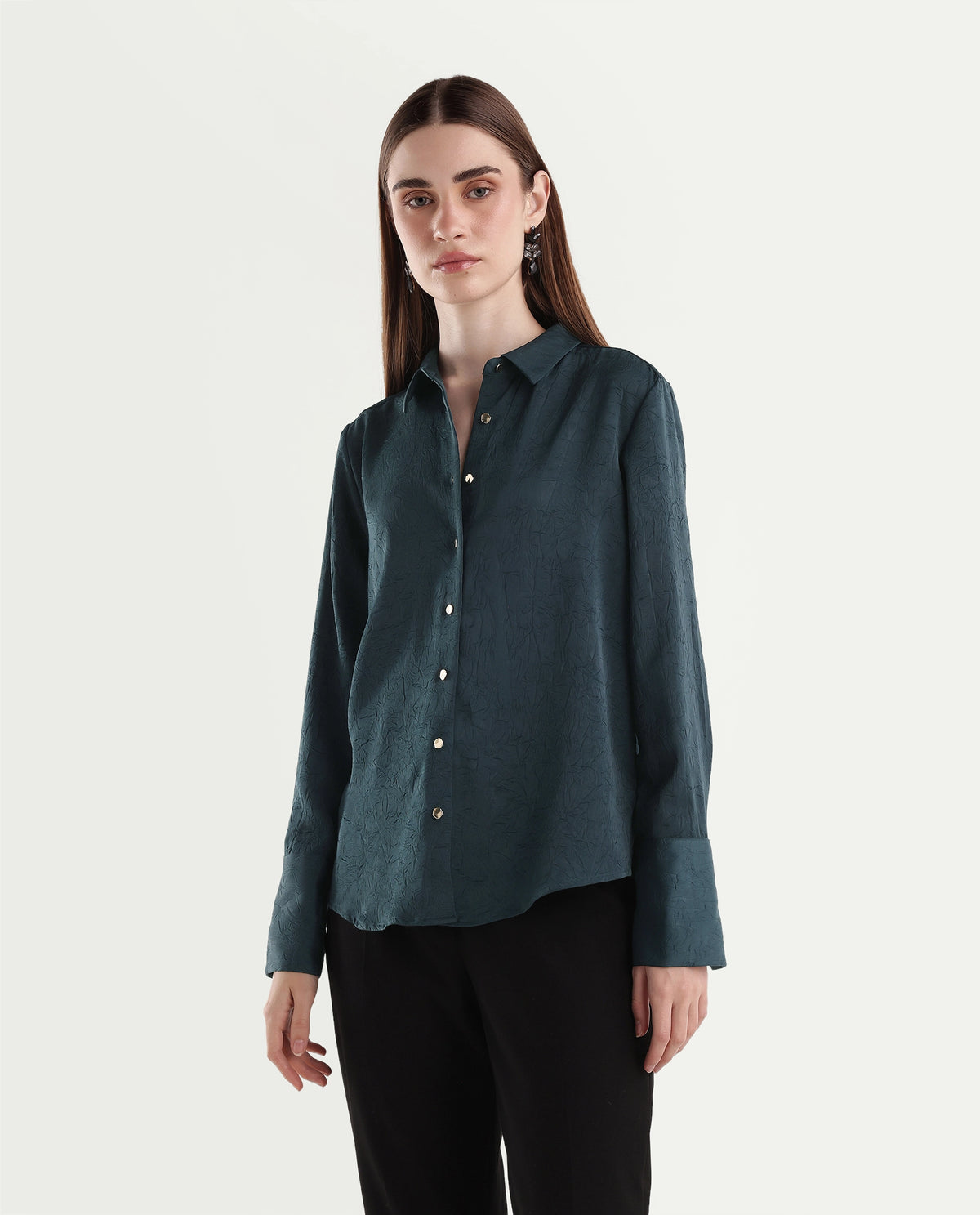 Rareism Women's Pasimo Dark Teal Polyester Spread Collar Regular Plain Shirt - image 5