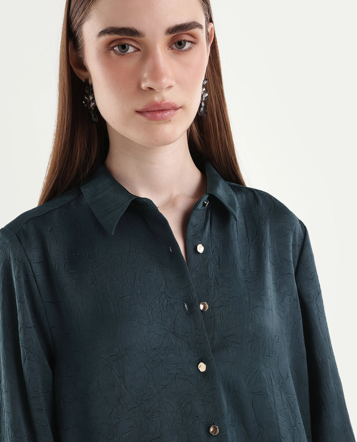 Rareism Women's Pasimo Dark Teal Polyester Spread Collar Regular Plain Shirt - image 3