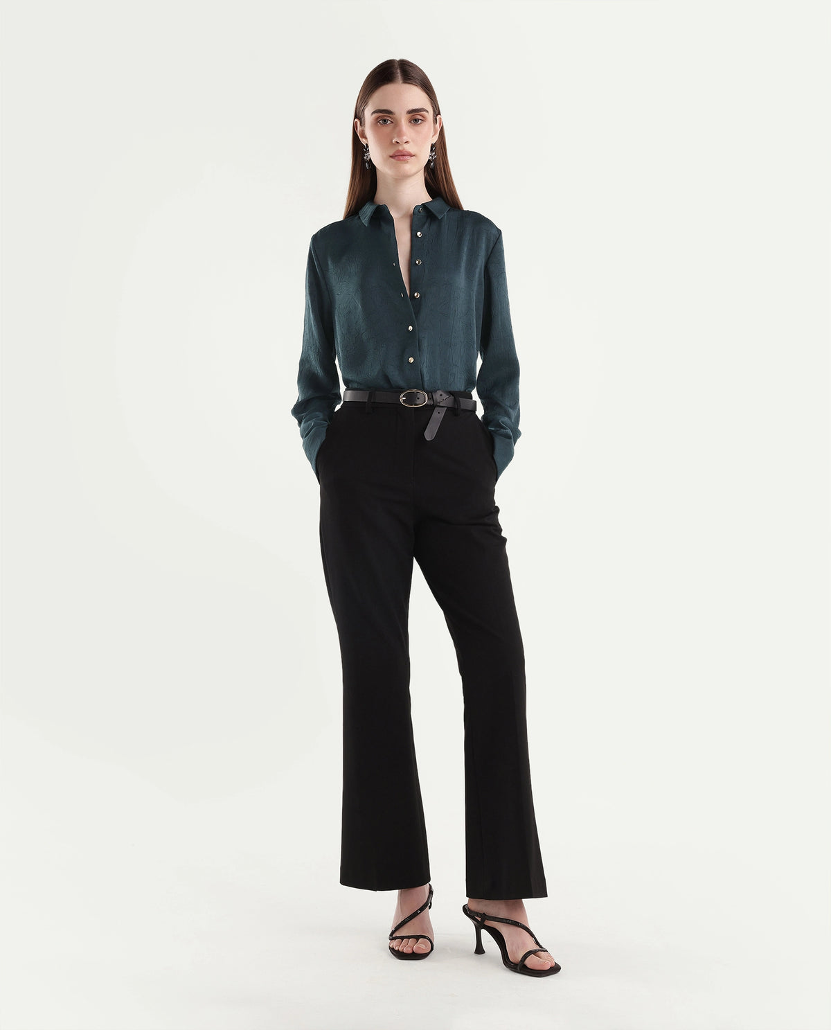 Rareism Women's Pasimo Dark Teal Polyester Spread Collar Regular Plain Shirt - image 2
