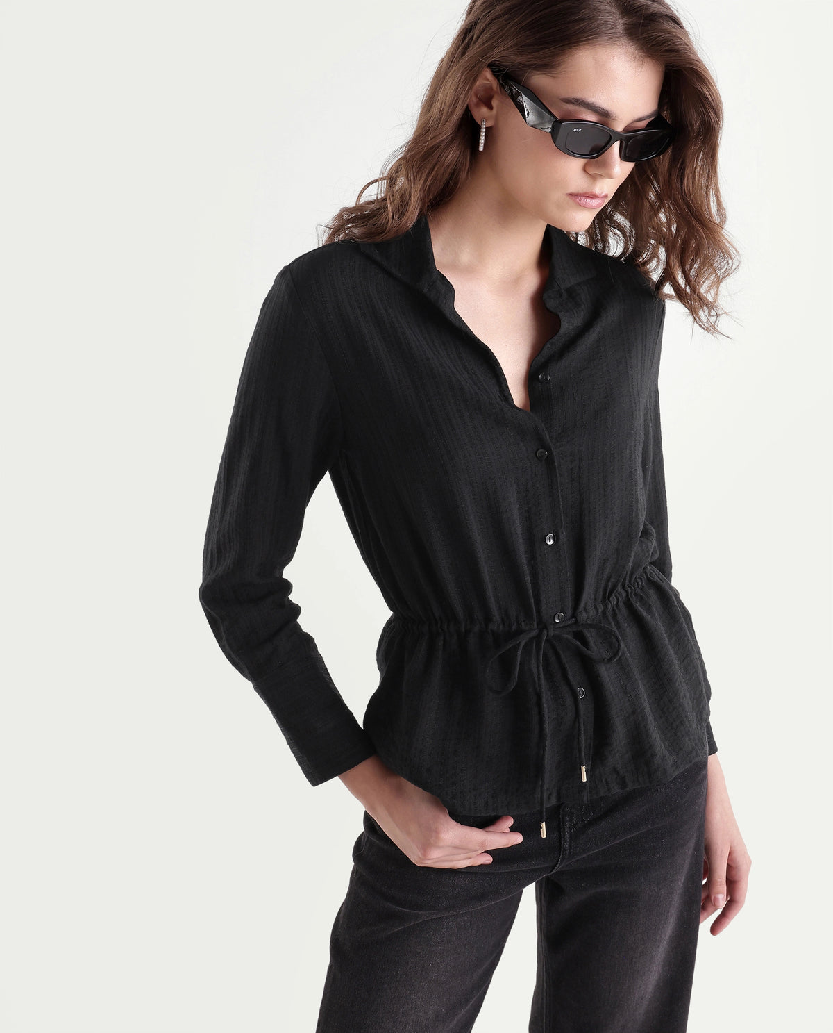 Rareism Women's Quin-T Black Viscose Blend Stand Collar Regular Jacquard Shirt