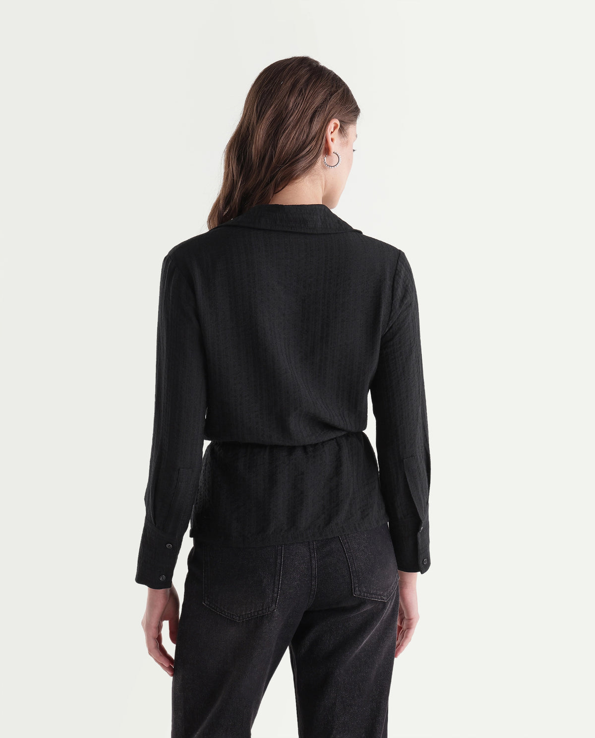 Rareism Women's Quin-T Black Viscose Blend Stand Collar Regular Jacquard Shirt