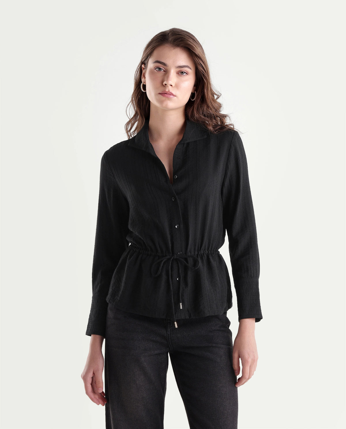 Rareism Women's Quin-T Black Viscose Blend Stand Collar Regular Jacquard Shirt