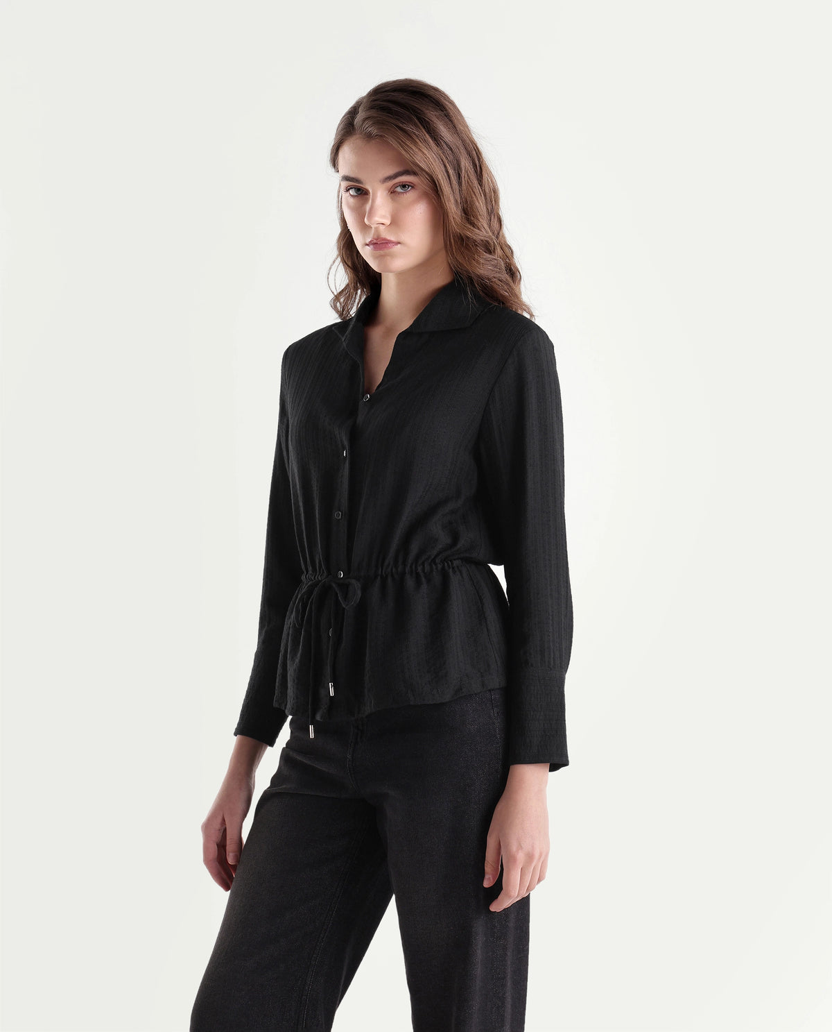 Rareism Women's Quin-T Black Viscose Blend Stand Collar Regular Jacquard Shirt