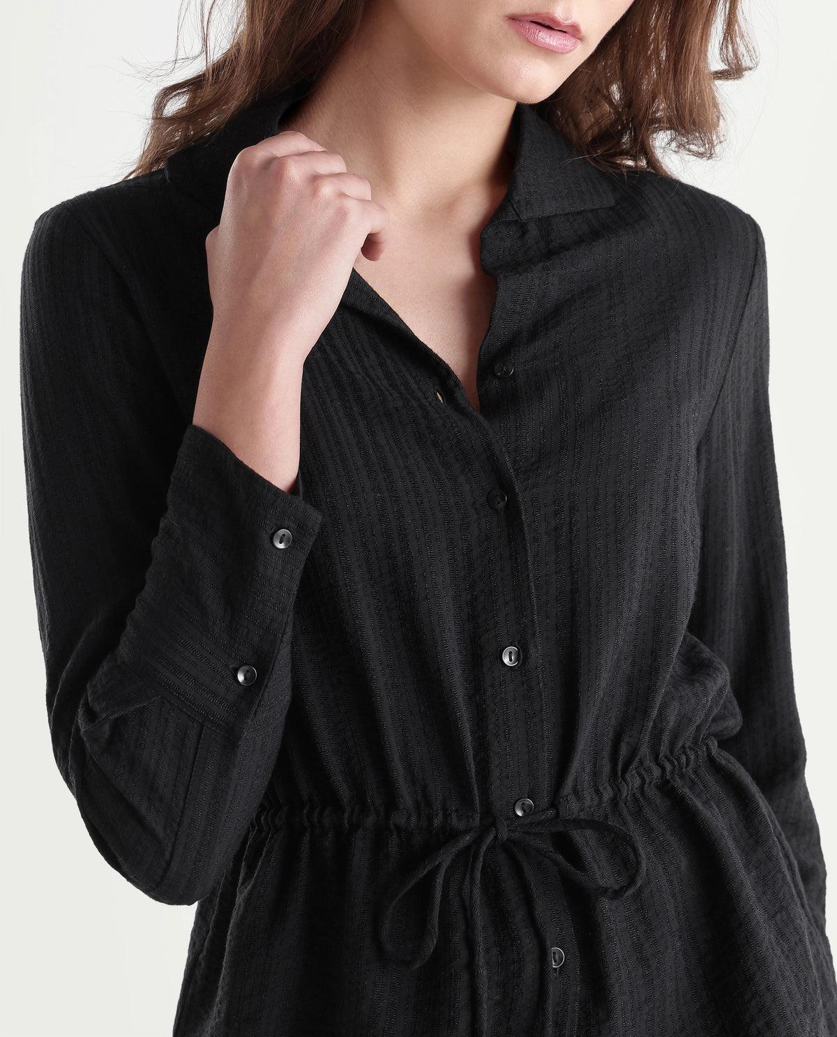 Rareism Women's Quin-T Black Viscose Blend Stand Collar Regular Jacquard Shirt