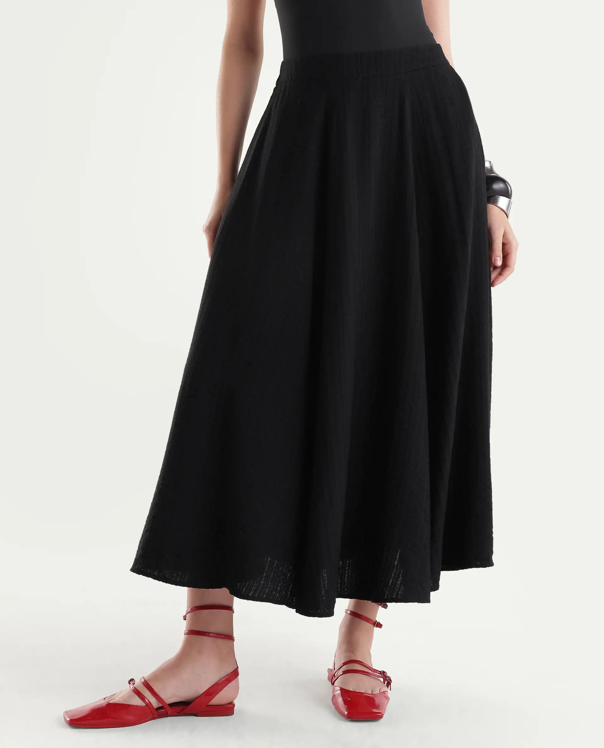 Rareism Women's Quin-B Black Viscose Blend Flared Jacquard Skirt