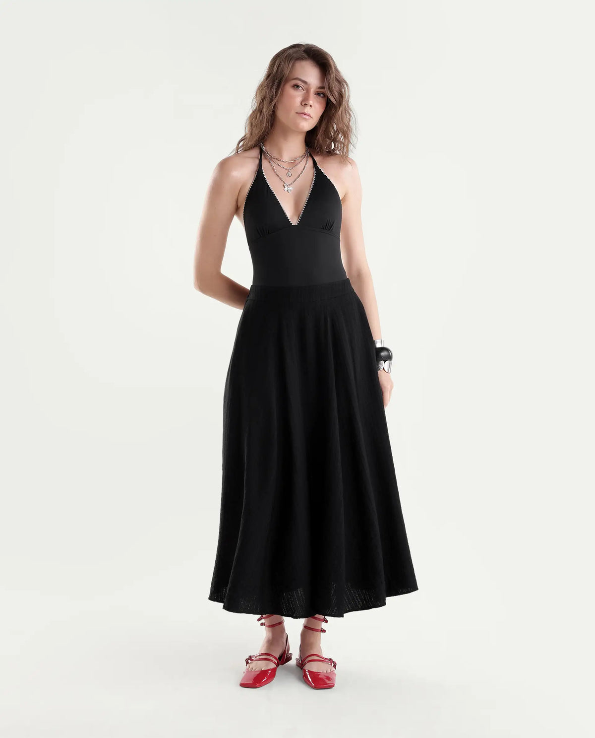 Rareism Women's Quin-B Black Viscose Blend Flared Jacquard Skirt