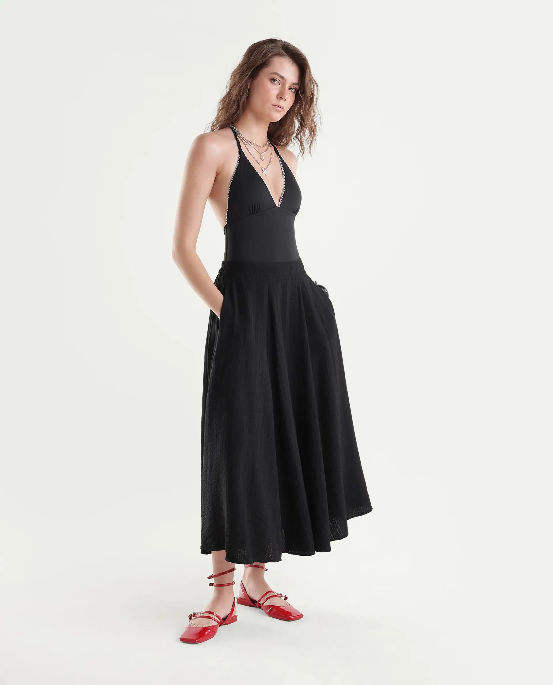 Rareism Women's Quin-B Black Viscose Blend Flared Jacquard Skirt