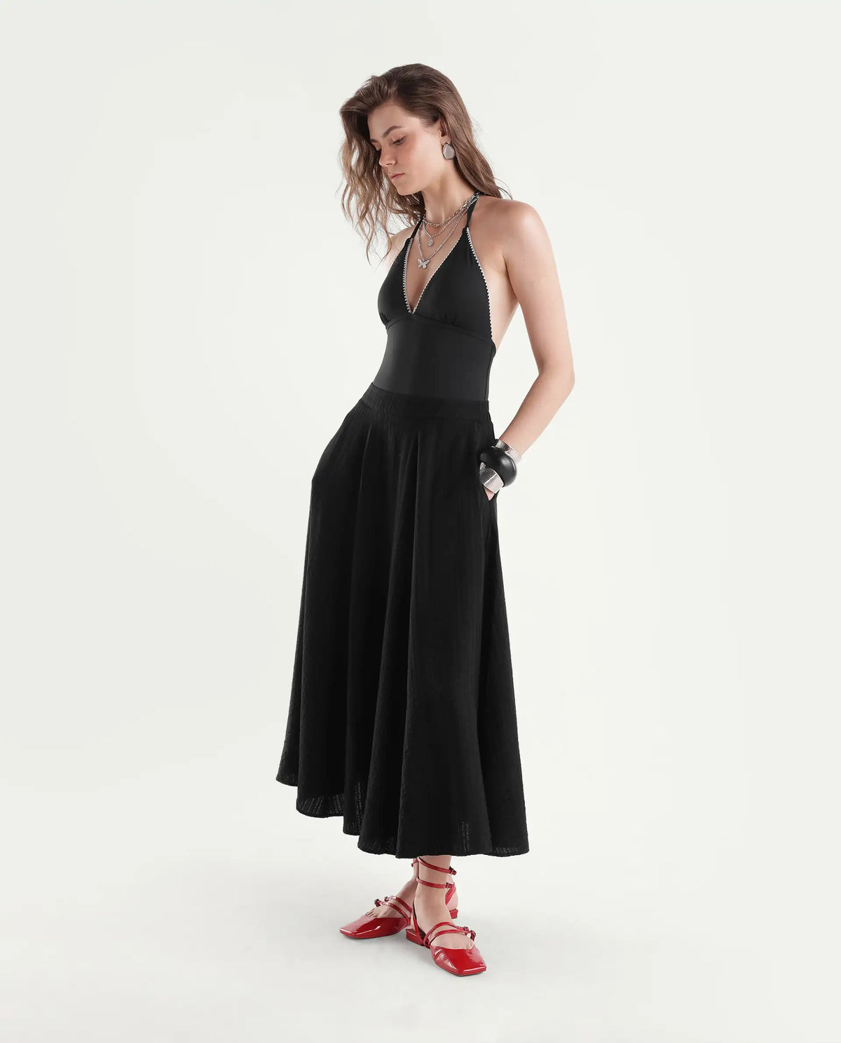 Rareism Women's Quin-B Black Viscose Blend Flared Jacquard Skirt