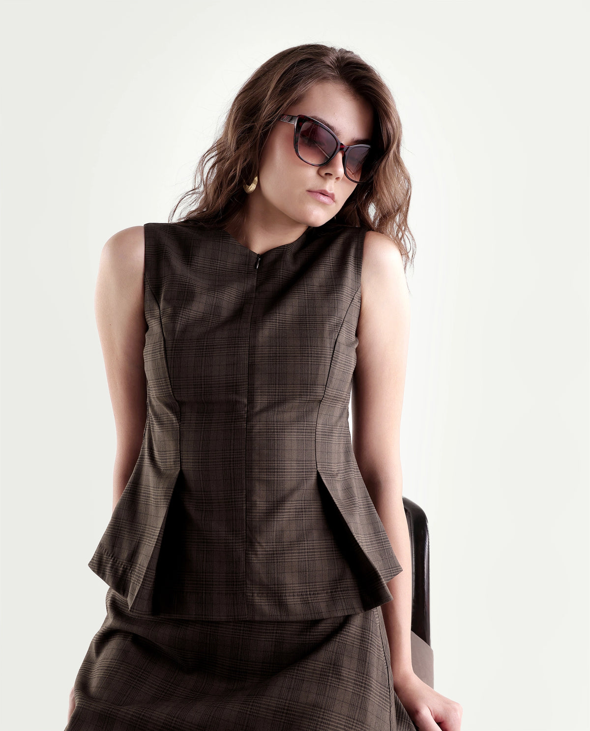Rareism Women's Quzor-T Brown Polyester Blend Crew Neck Fit And Flare Checked Top