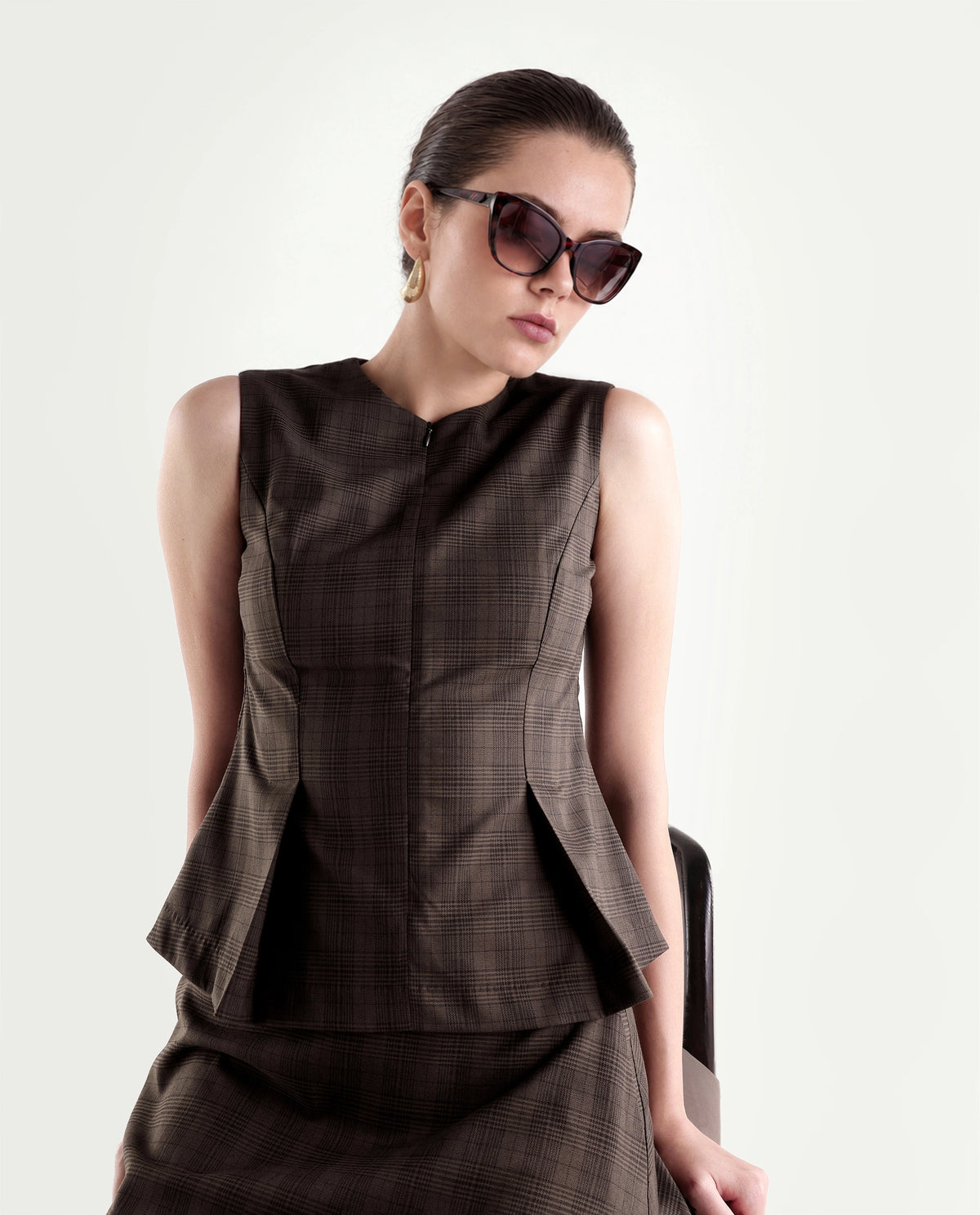 Rareism Women's Quzor-T Brown Polyester Blend Crew Neck Fit And Flare Checked Top