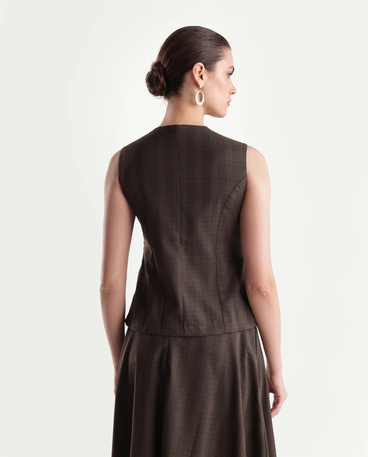 Rareism Women's Quzor-T Brown Polyester Blend Crew Neck Fit And Flare Checked Top