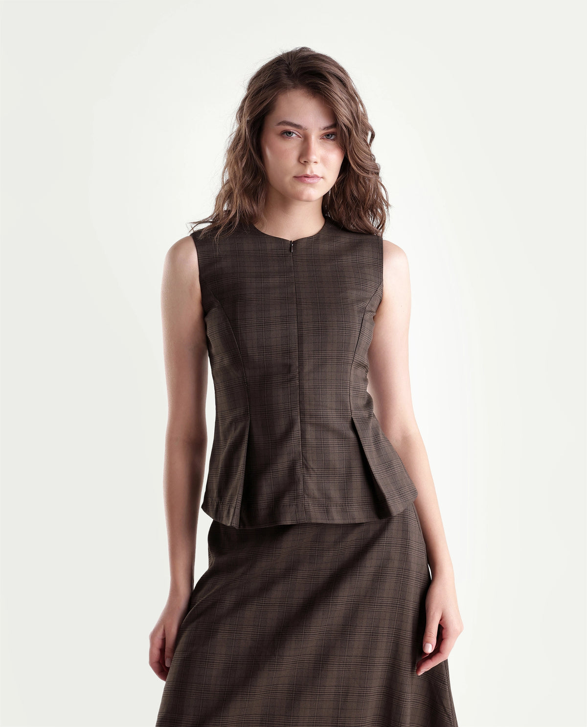 Rareism Women's Quzor-T Brown Polyester Blend Crew Neck Fit And Flare Checked Top