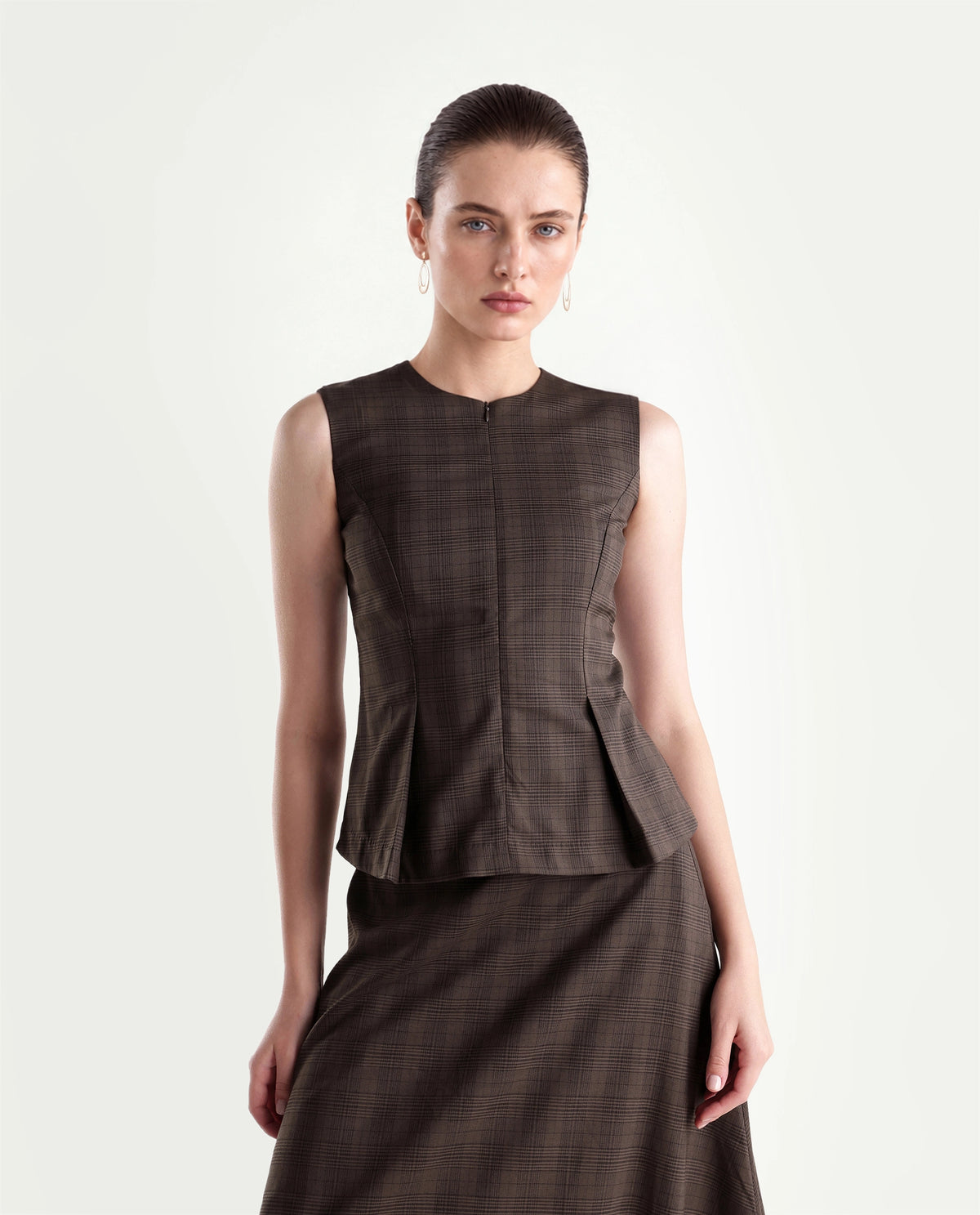 Rareism Women's Quzor-T Brown Polyester Blend Crew Neck Fit And Flare Checked Top