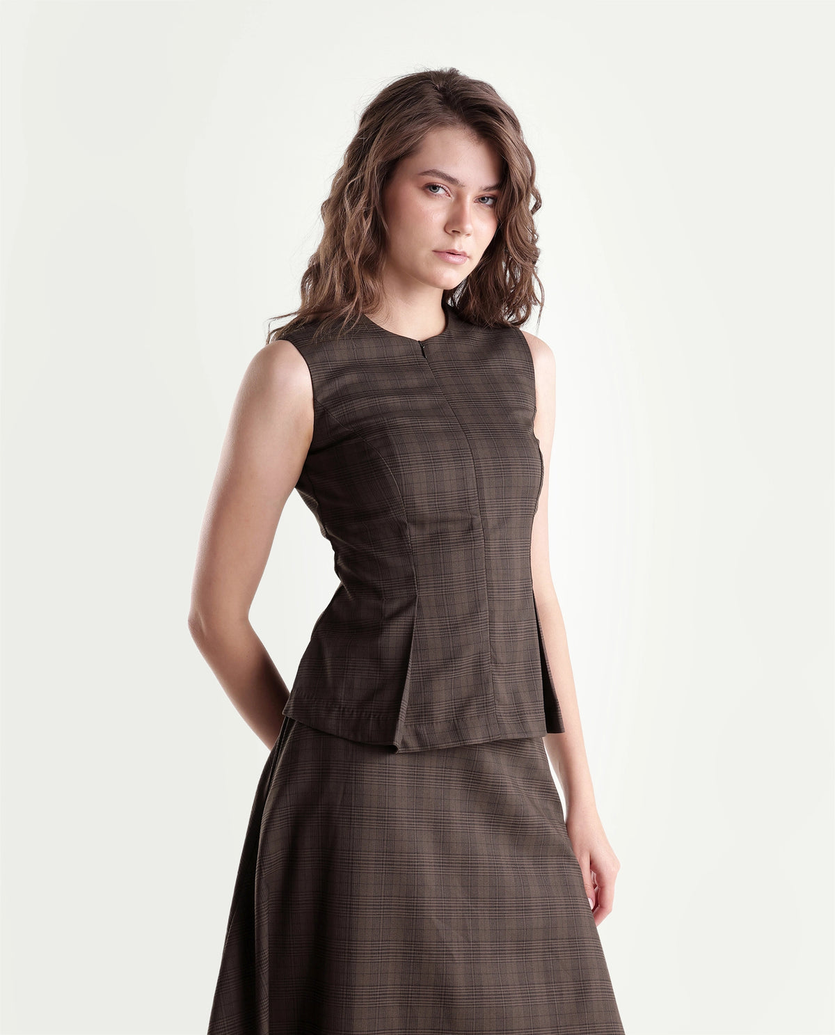 Rareism Women's Quzor-T Brown Polyester Blend Crew Neck Fit And Flare Checked Top