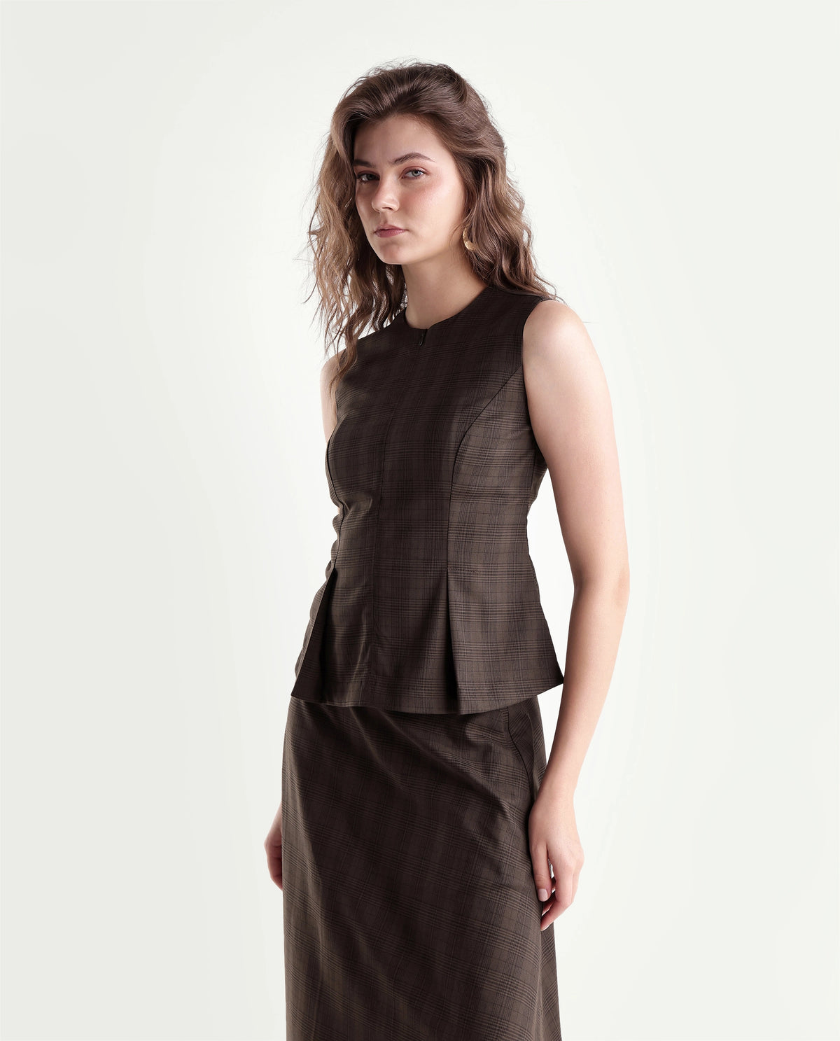 Rareism Women's Quzor-T Brown Polyester Blend Crew Neck Fit And Flare Checked Top