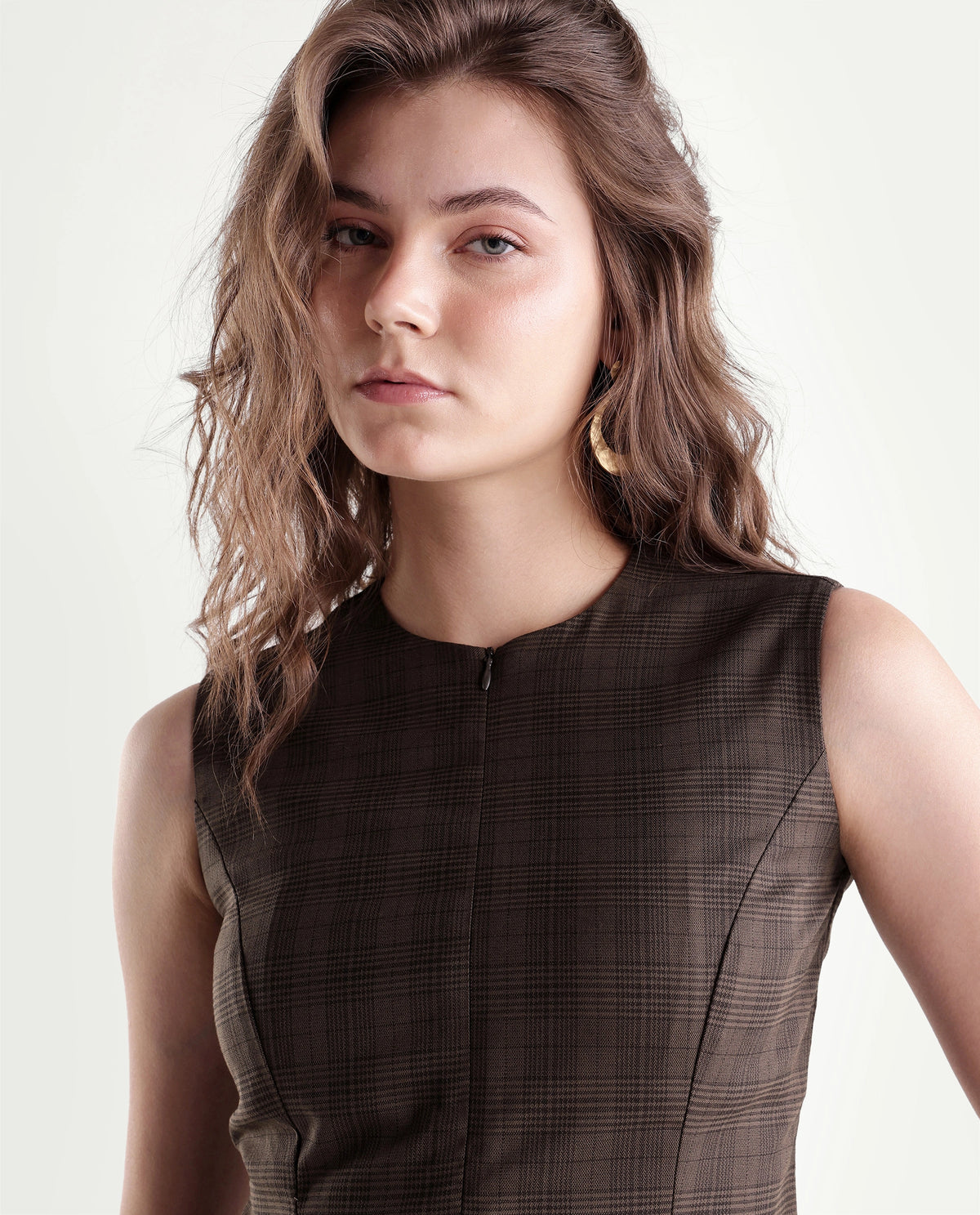Rareism Women's Quzor-T Brown Polyester Blend Crew Neck Fit And Flare Checked Top