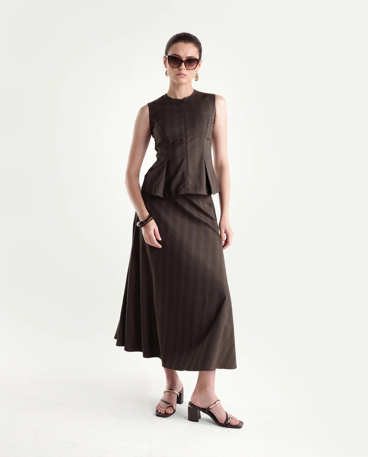 Rareism Women's Quzor-T Brown Polyester Blend Crew Neck Fit And Flare Checked Top