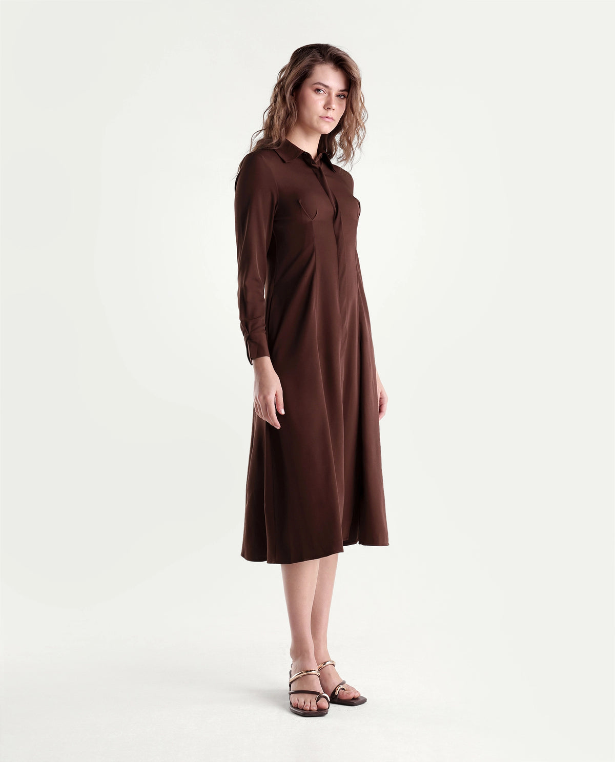 Rareism Women's Qovai Brown Polyester Spread Collar Flared Plain Dress