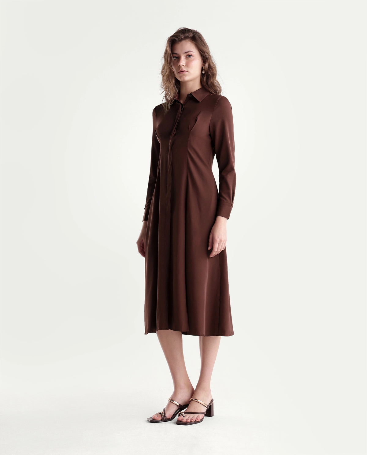 Rareism Women's Qovai Brown Polyester Spread Collar Flared Plain Dress