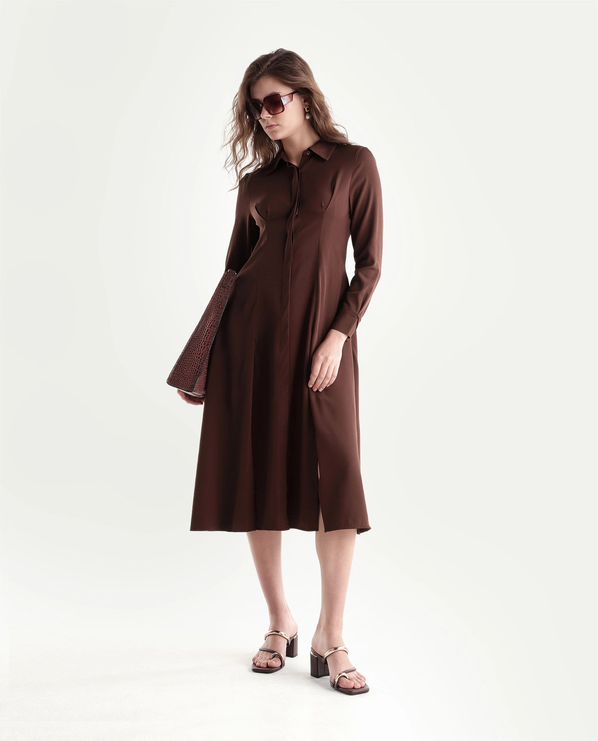 Rareism Women's Qovai Brown Polyester Spread Collar Flared Plain Dress