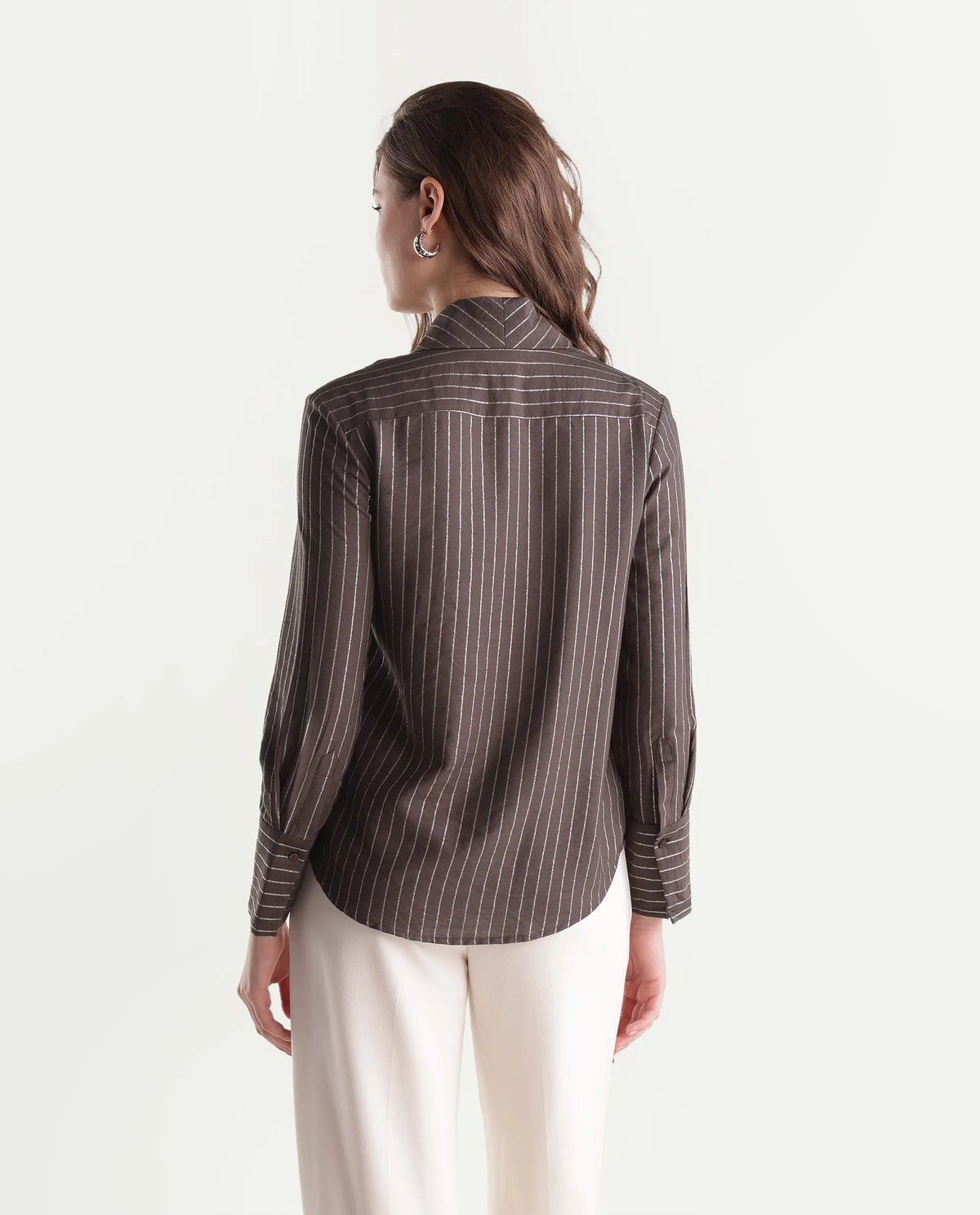 Rareism Women's Qash Brown Viscose Blend Spread Collar Regular Striped Shirt