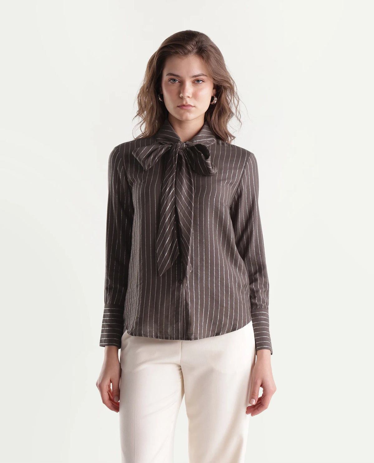 Rareism Women's Qash Brown Viscose Blend Spread Collar Regular Striped Shirt