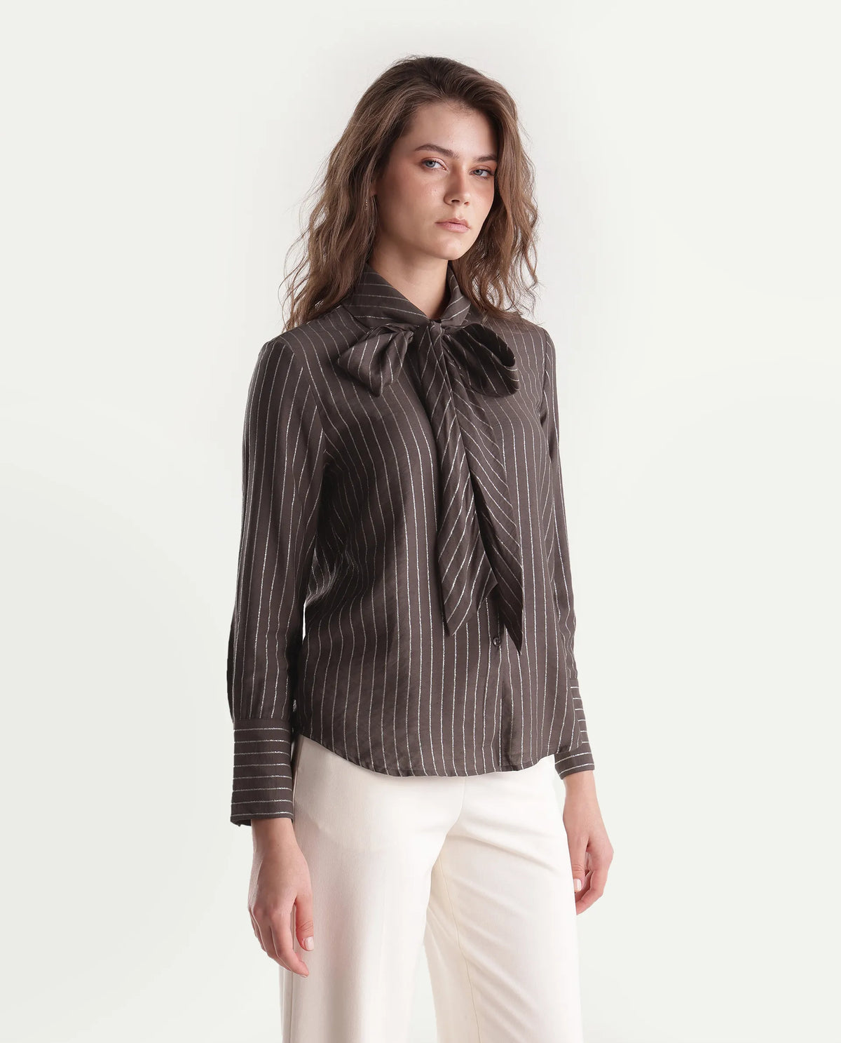 Rareism Women's Qash Brown Viscose Blend Spread Collar Regular Striped Shirt