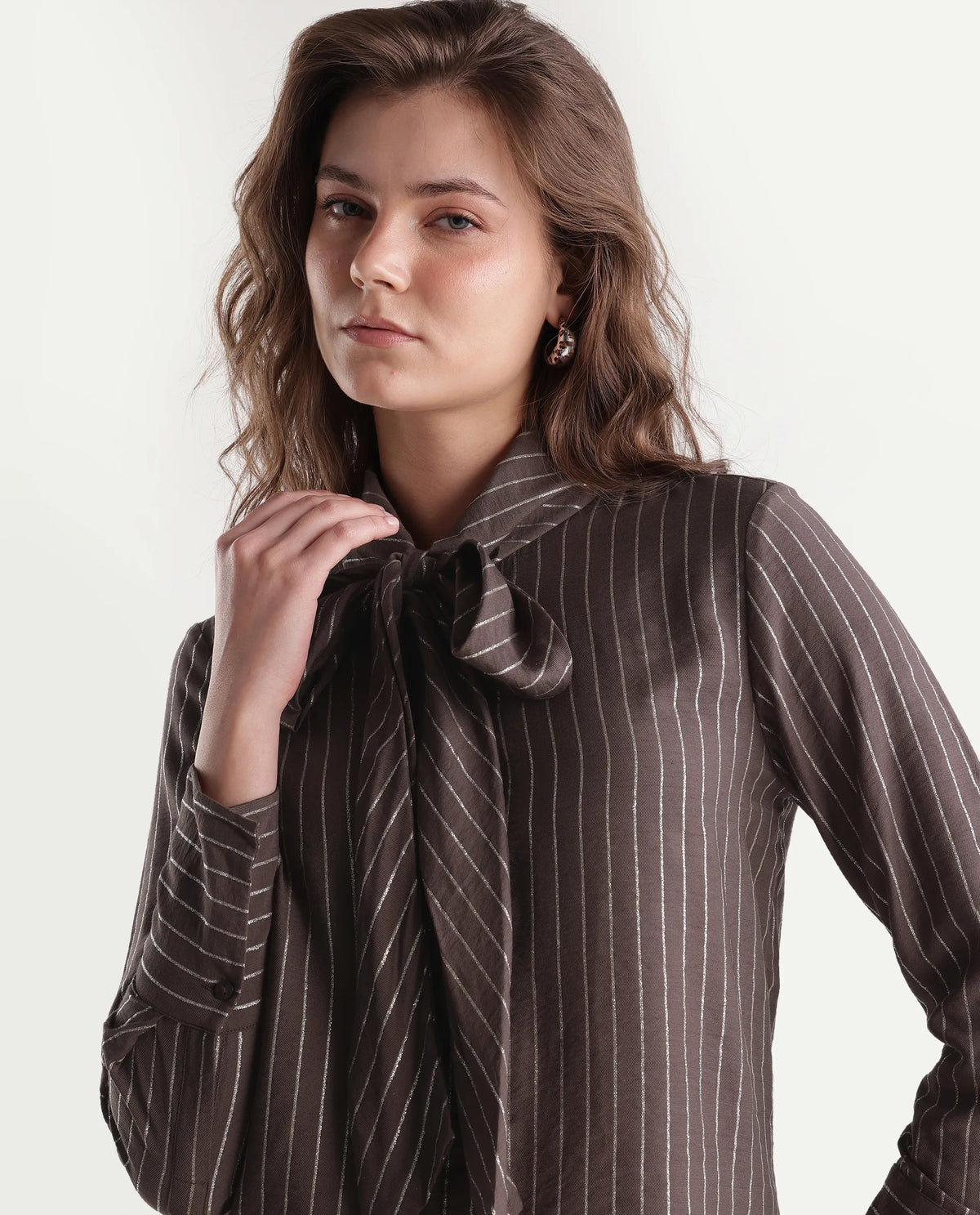 Rareism Women's Qash Brown Viscose Blend Spread Collar Regular Striped Shirt