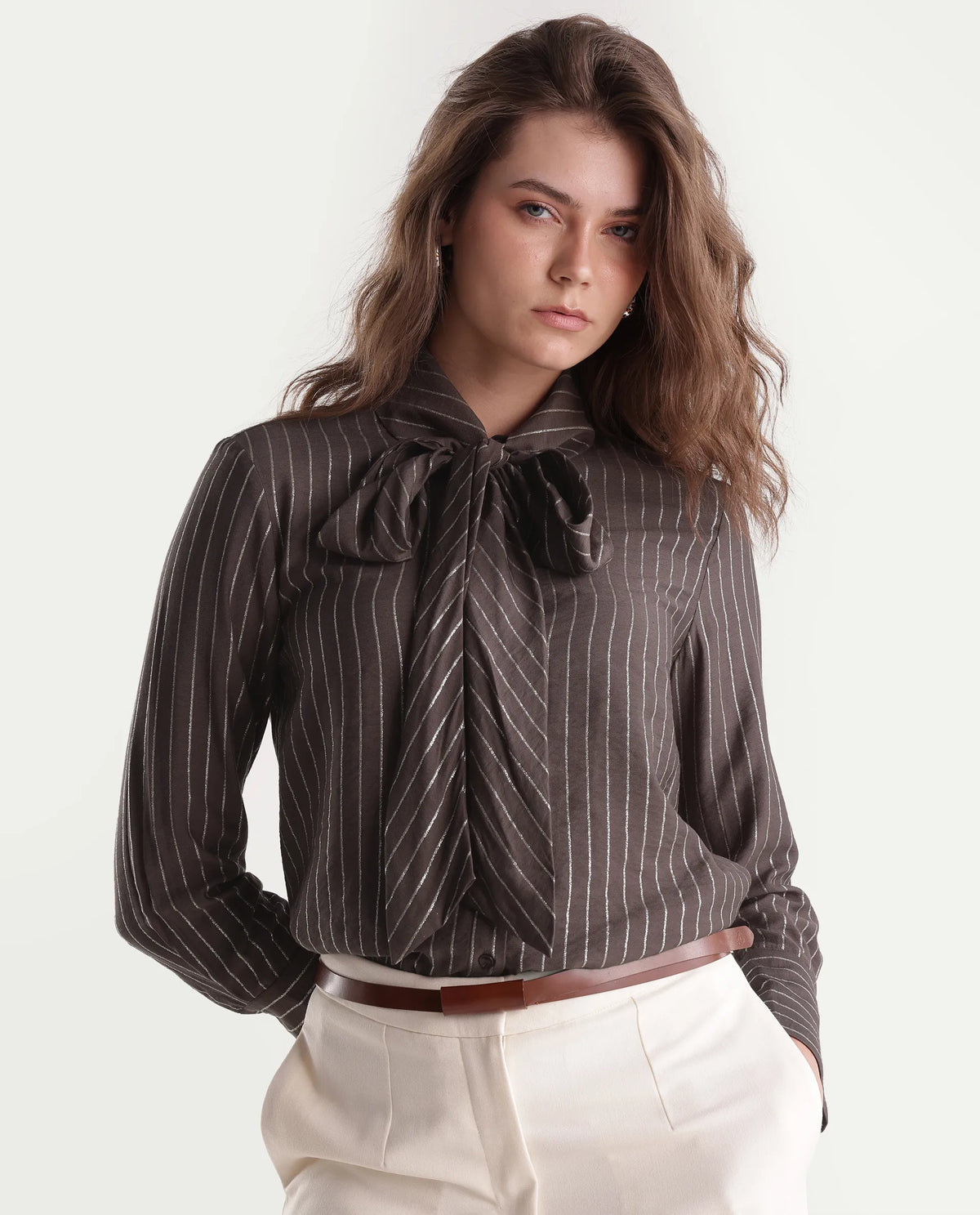 Rareism Women's Qash Brown Viscose Blend Spread Collar Regular Striped Shirt