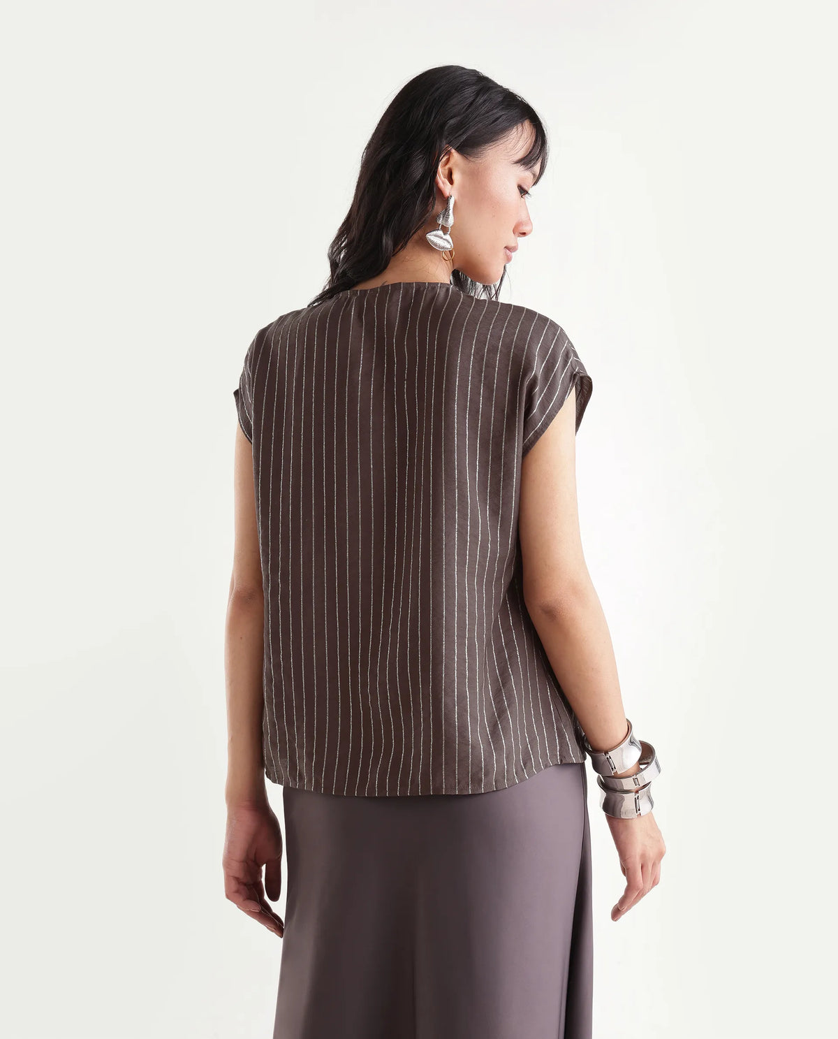Rareism Women's Qiba Brown Viscose Blend V-Neck Regular Striped Top