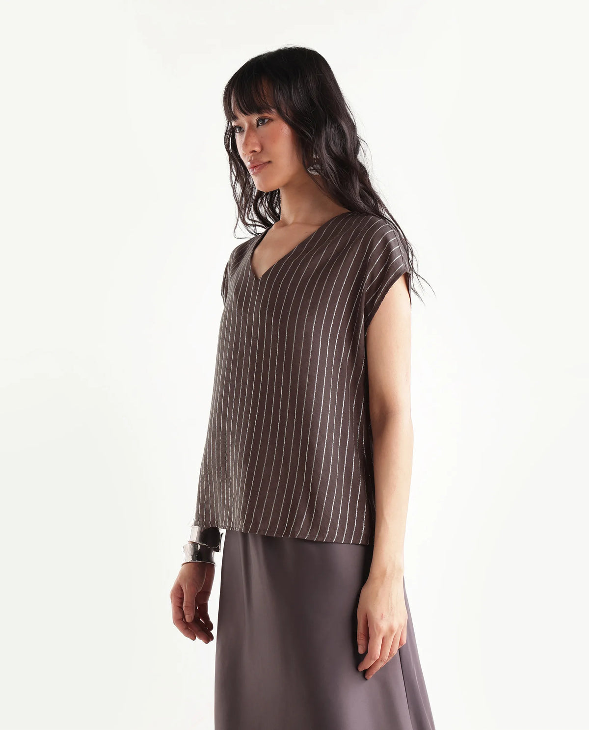 Rareism Women's Qiba Brown Viscose Blend V-Neck Regular Striped Top