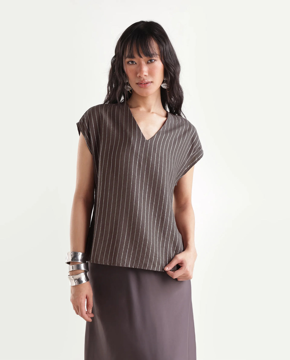 Rareism Women's Qiba Brown Viscose Blend V-Neck Regular Striped Top