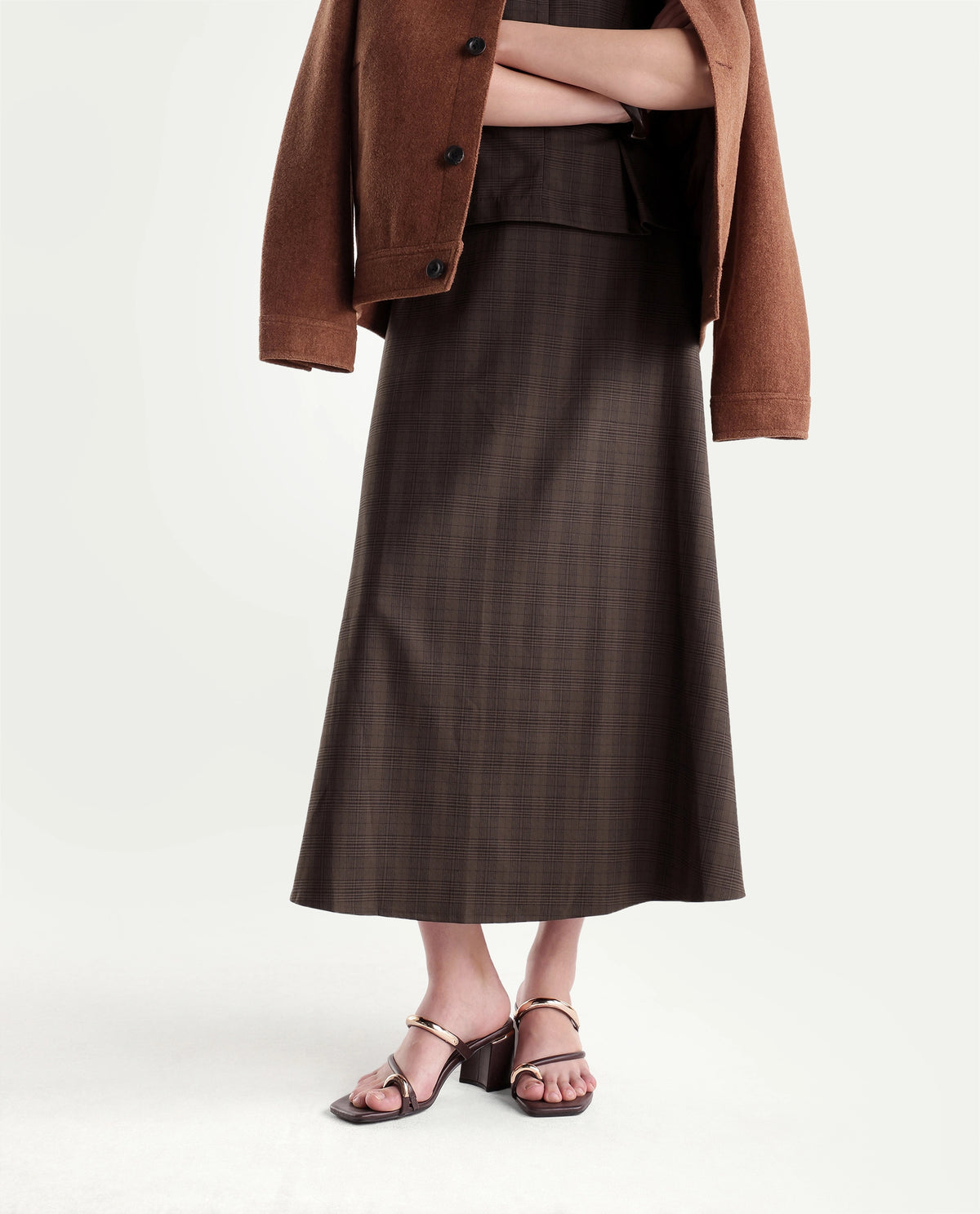 Rareism Women's Quno-B Brown Polyester Blend Flared Checked Skirt
