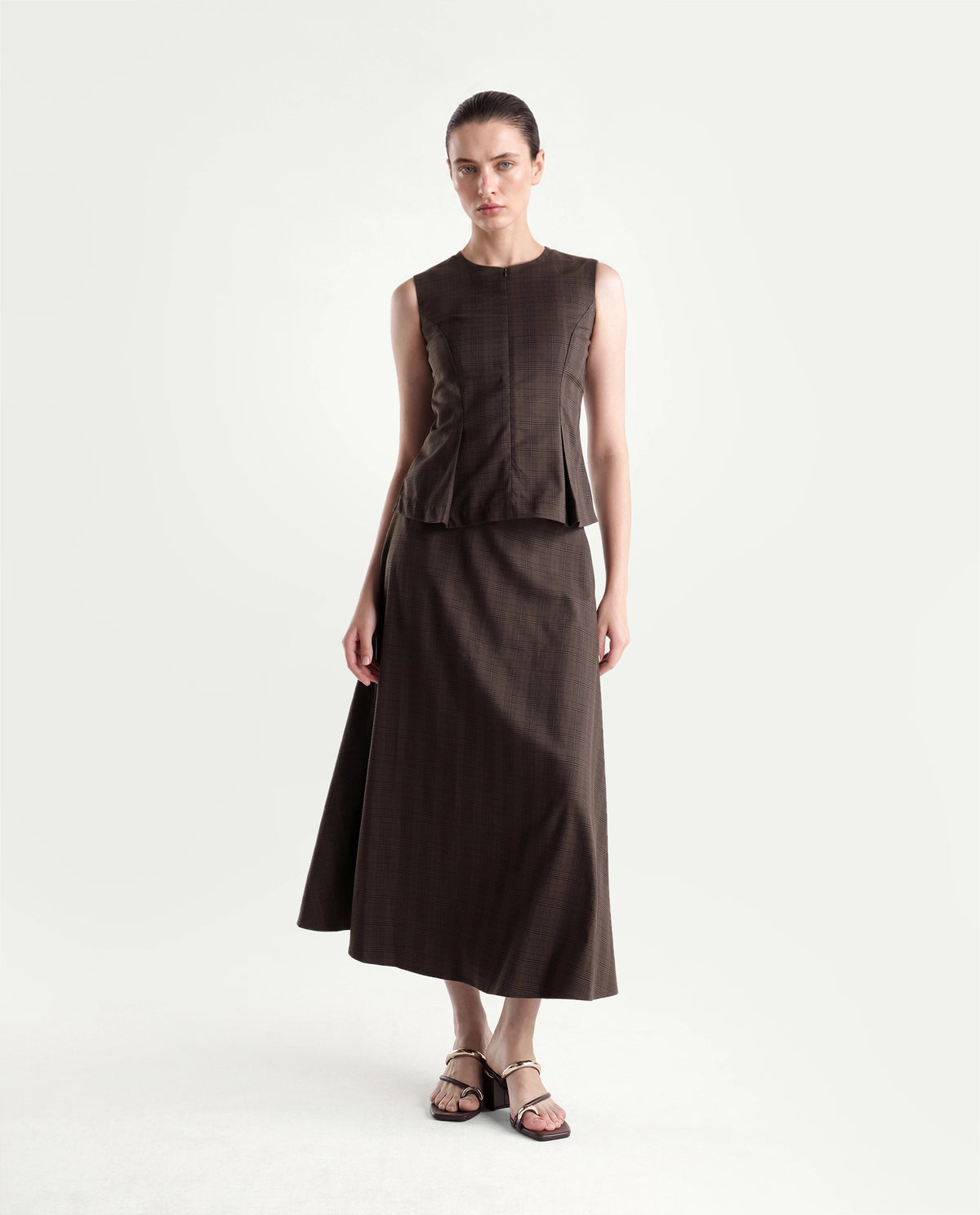 Rareism Women's Quno-B Brown Polyester Blend Flared Checked Skirt