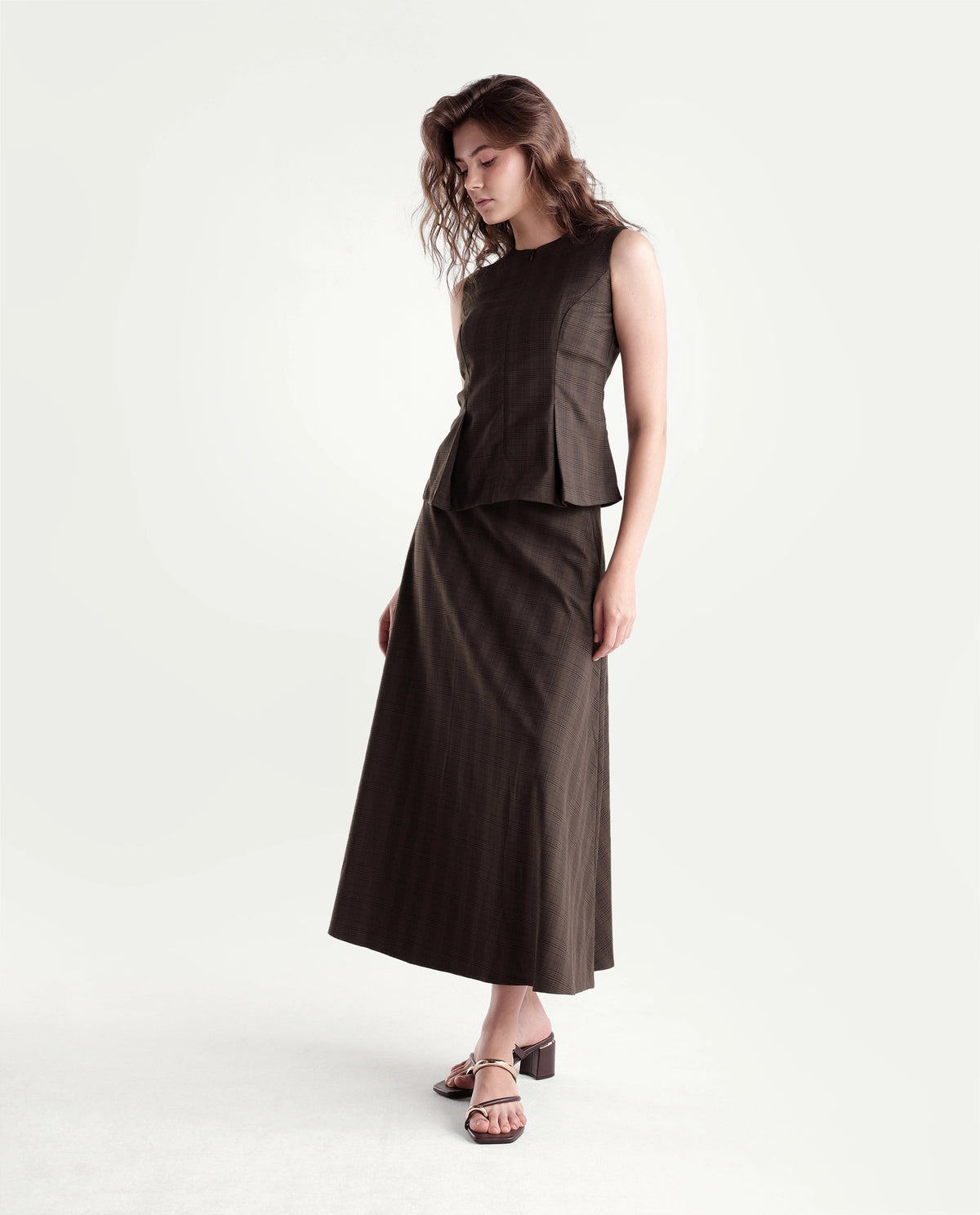 Rareism Women's Quno-B Brown Polyester Blend Flared Checked Skirt