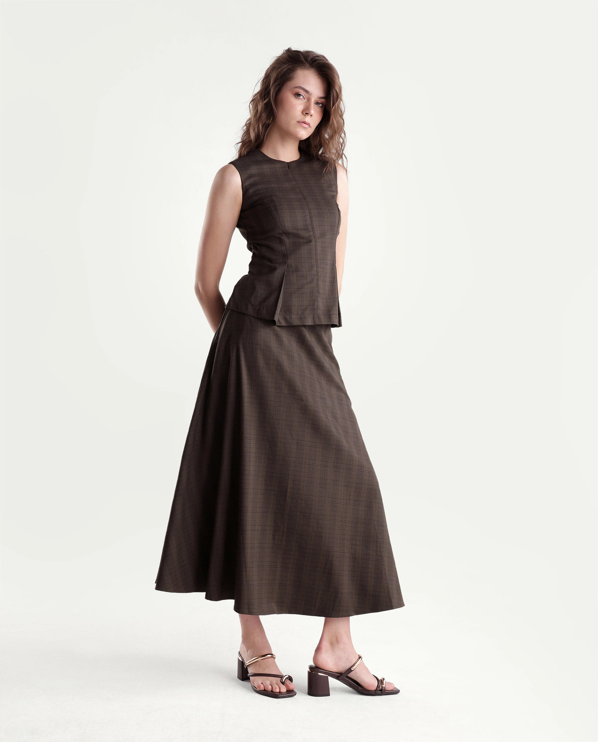 Rareism Women's Quno-B Brown Polyester Blend Flared Checked Skirt
