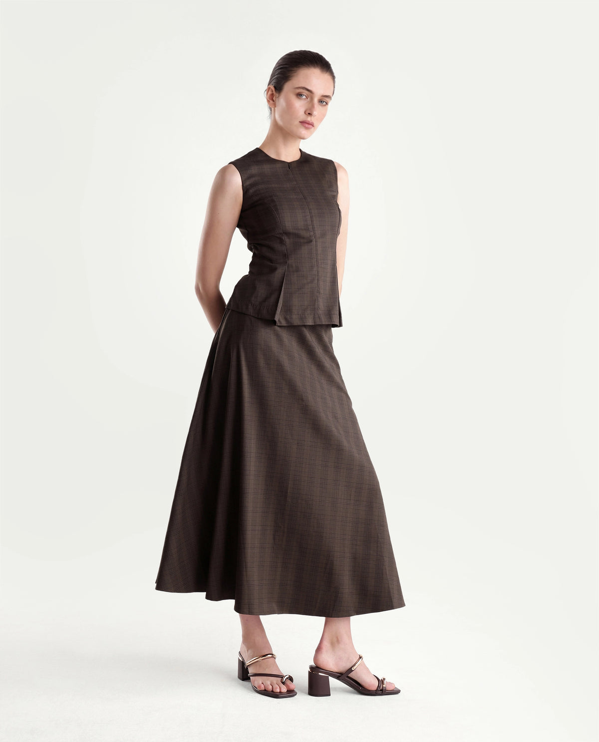 Rareism Women's Quno-B Brown Polyester Blend Flared Checked Skirt