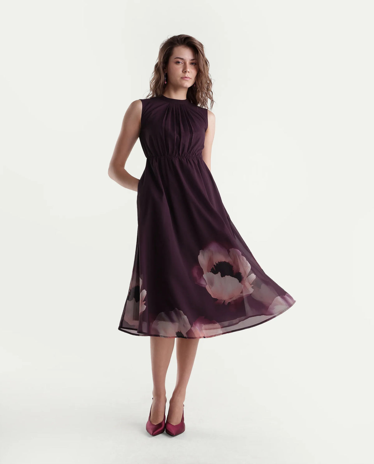 Rareism Women's Wira Purple Polyester High Neck Fit And Flare Floral Print Dress