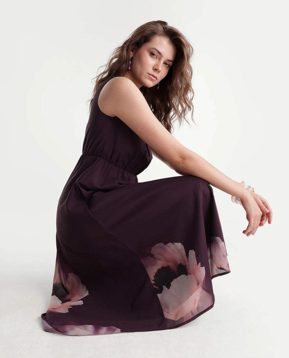Rareism Women's Wira Purple Polyester High Neck Fit And Flare Floral Print Dress