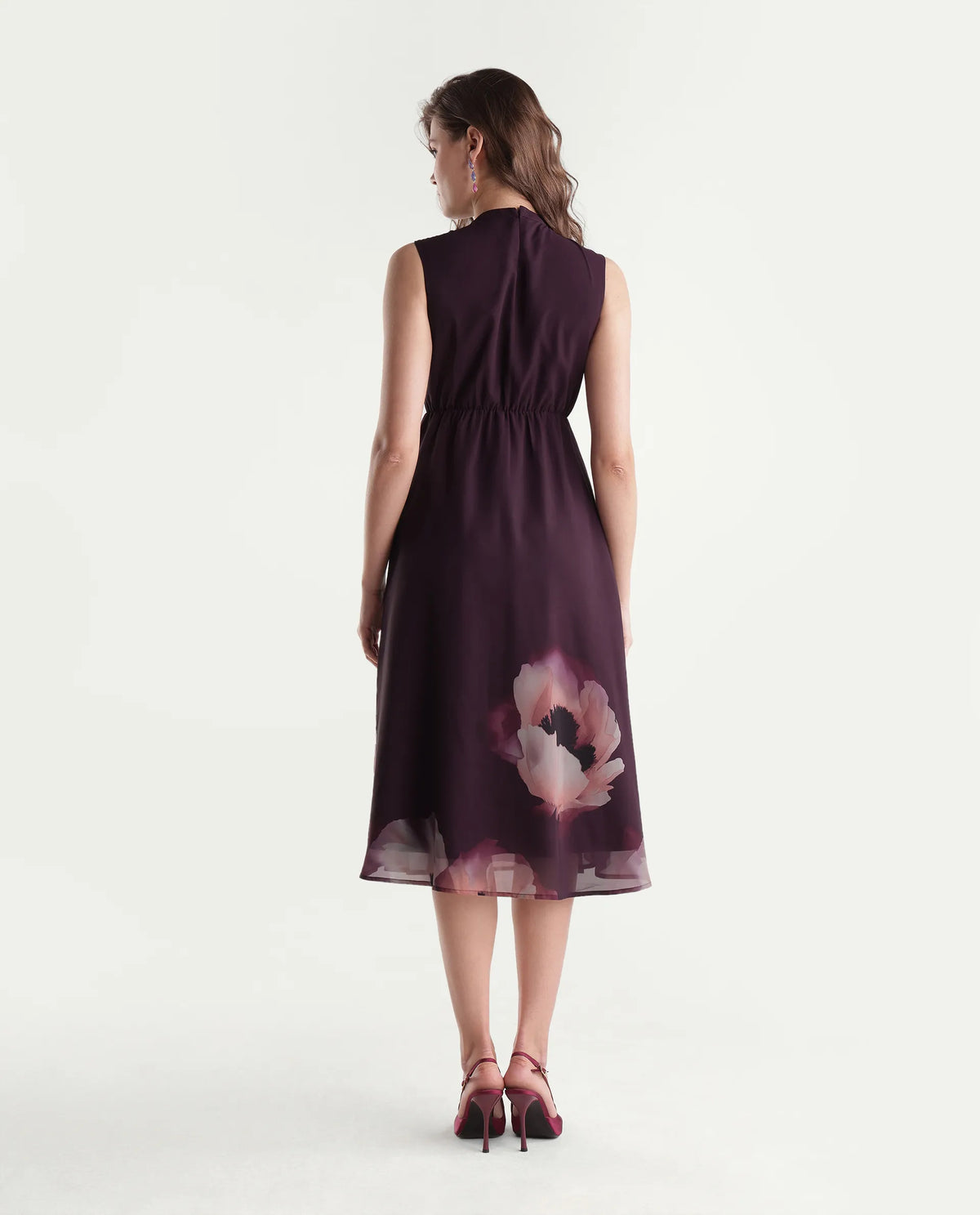 Rareism Women's Wira Purple Polyester High Neck Fit And Flare Floral Print Dress