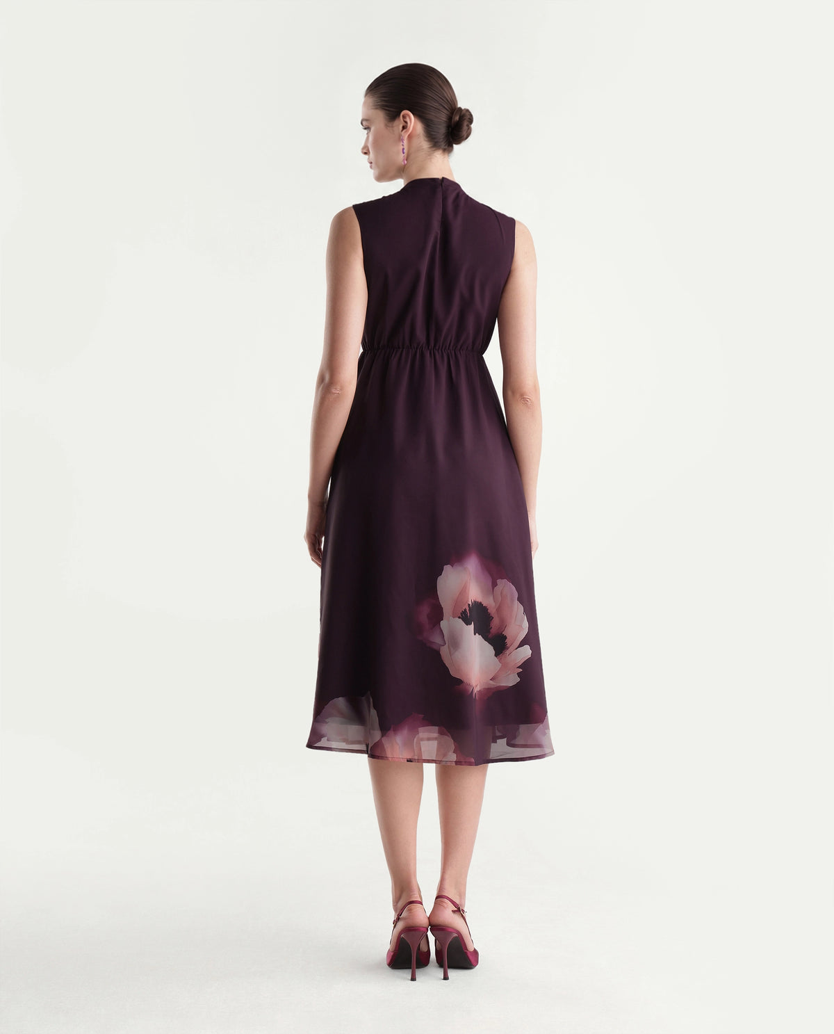 Rareism Women's Wira Purple Polyester High Neck Fit And Flare Floral Print Dress