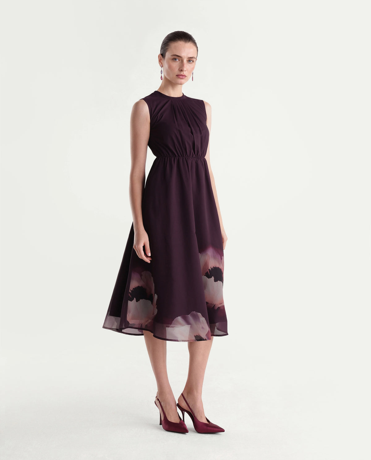 Rareism Women's Wira Purple Polyester High Neck Fit And Flare Floral Print Dress