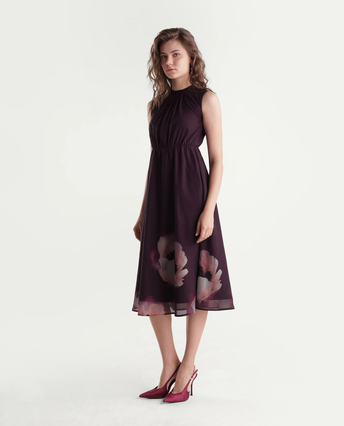 Rareism Women's Wira Purple Polyester High Neck Fit And Flare Floral Print Dress