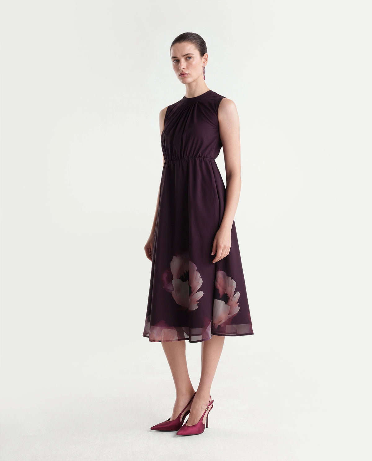Rareism Women's Wira Purple Polyester High Neck Fit And Flare Floral Print Dress